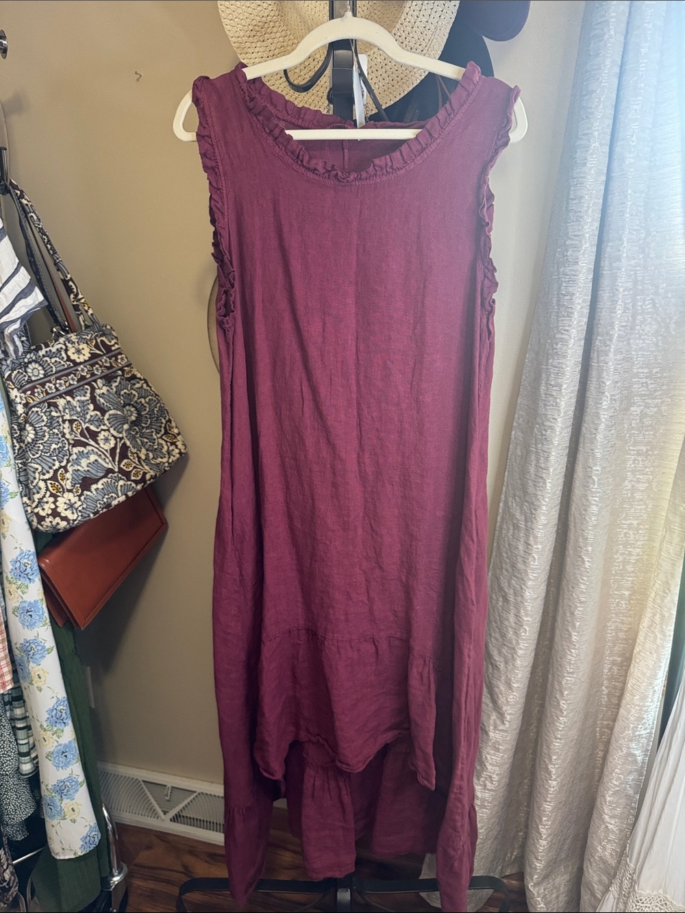 Sleeveless Ruffle-Trim Linen Dress in Plum